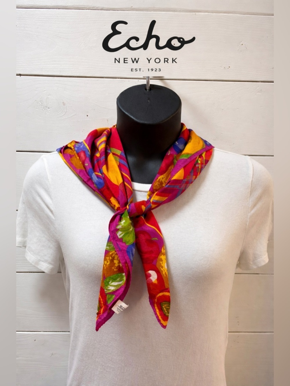 Vintage Colorful Fruit Print Square Scarf Bold Plaid Border